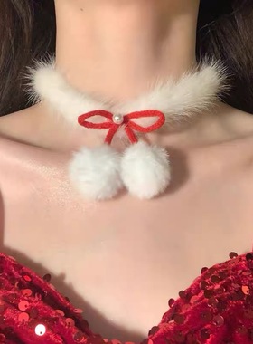圣诞节红色丝绒蝴蝶结铃铛项圈女