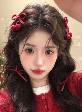 红色蝴蝶结樱桃发夹女甜美可爱侧边夹前额刘海夹发饰发卡头饰夹子