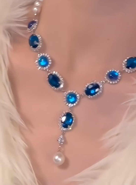 复古宫廷风蓝色锆石珍珠项链女