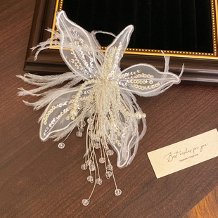 超仙纯欲风白蕾丝羽毛珍珠发夹甜美梦幻仿水晶花朵侧边夹新娘发饰