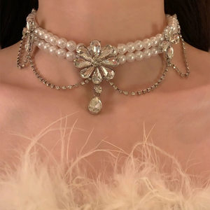 多层珍珠choker颈链锆石花朵项链