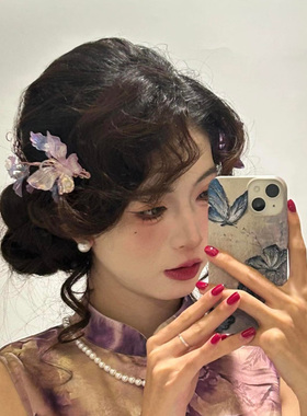 汉服头饰女紫色渐变幻彩蝴蝶发夹