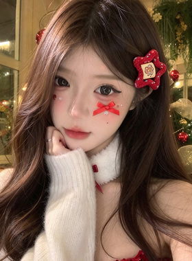 圣诞节儿童头饰甜美可爱星星发夹红色毛线针织BB夹圣诞树雪人边夹