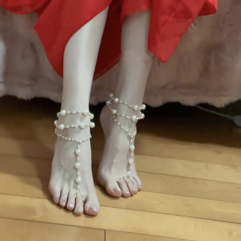 异域风性感仿珍珠脚链复古气质宫廷风金属脚背链纯欲情趣足饰配饰