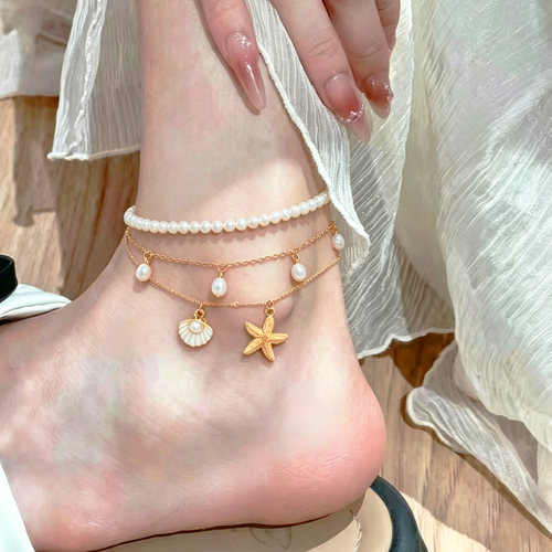 波西米亚风叠戴贝壳海星珍珠脚链