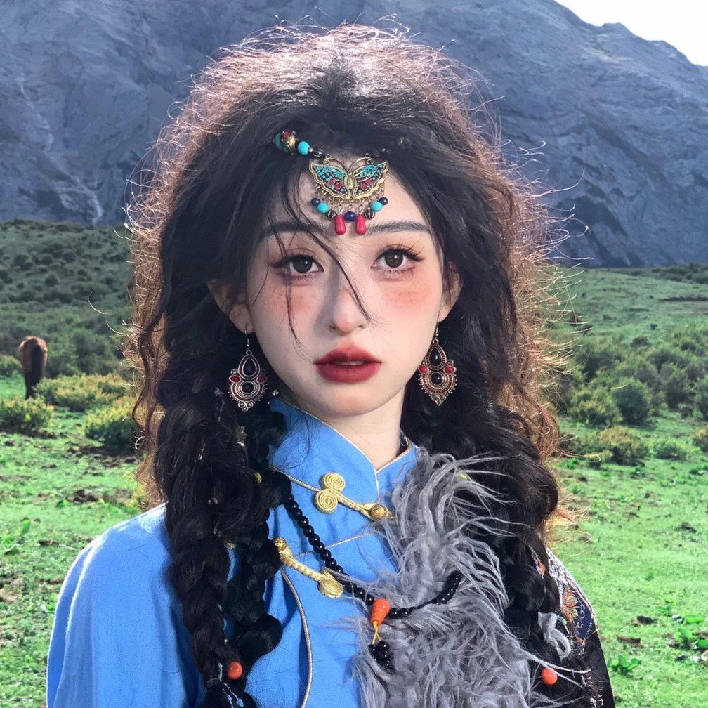 异域风藏族头饰女彩色蝴蝶松石流苏额饰复古民族风串珠眉心坠项链