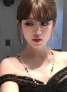 宴会主角长款满天星黑白撞色仿珍珠项链女法式轻奢小众锁骨链颈链