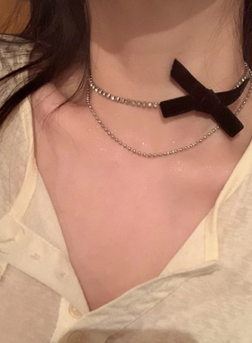 闪钻双层丝绒黑色蝴蝶结项链女