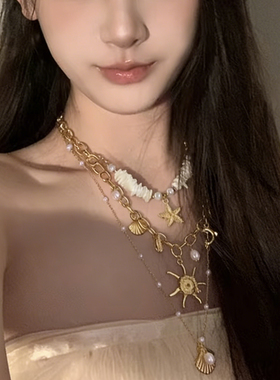 金色贝壳海星仿珍珠流苏项链2026新款叠戴锁骨链海边拍照个性颈链