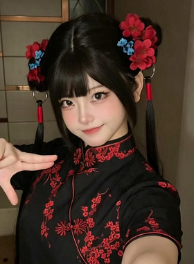 cos小厨娘红蓝撞色花朵发夹女