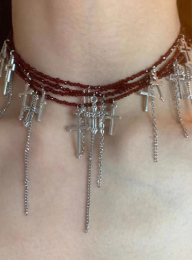 日系暗黑风十字架多层流苏项链女