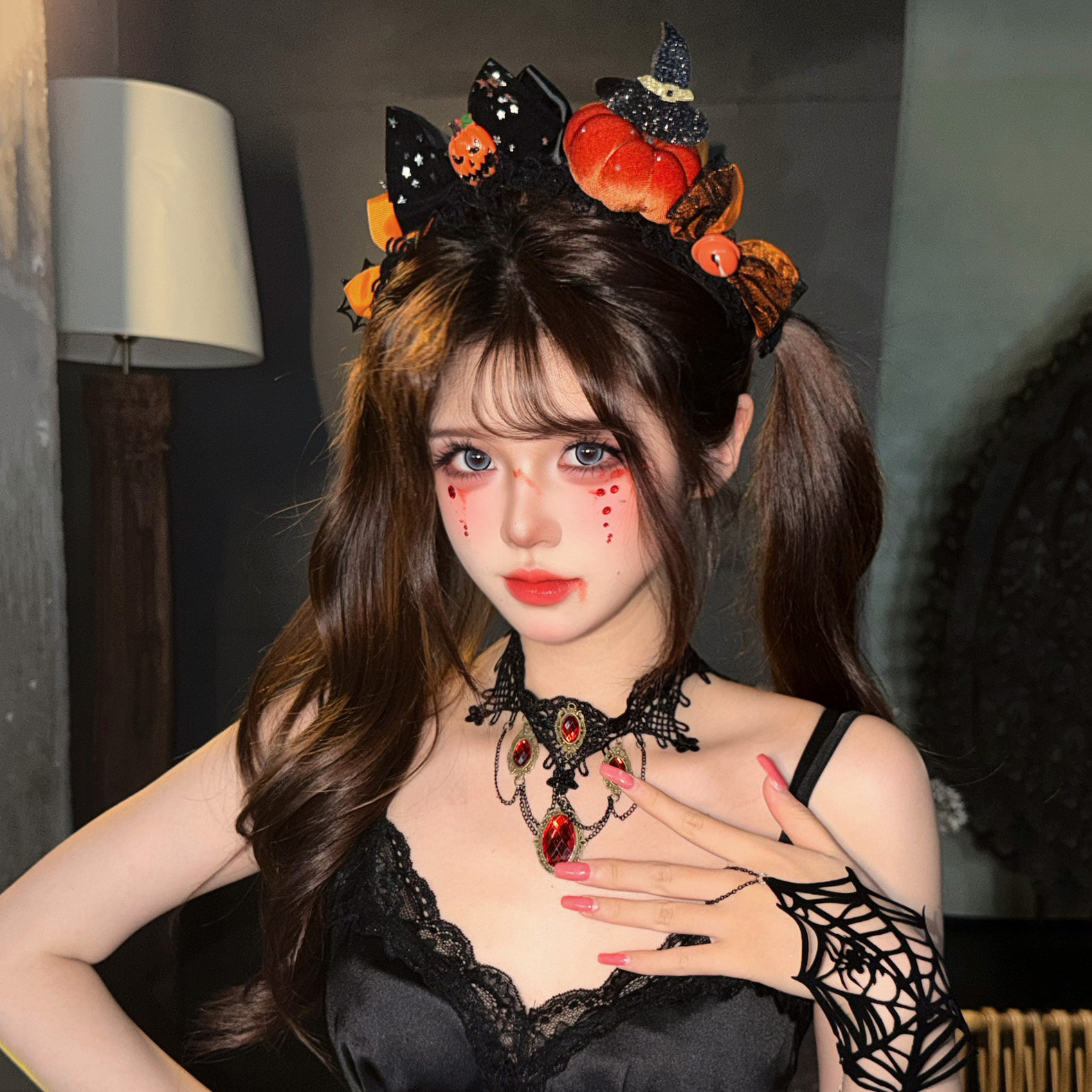 万圣节搞怪南瓜cos头饰红色恶魔角发箍暗黑哥特风蝴蝶结玫瑰头箍
