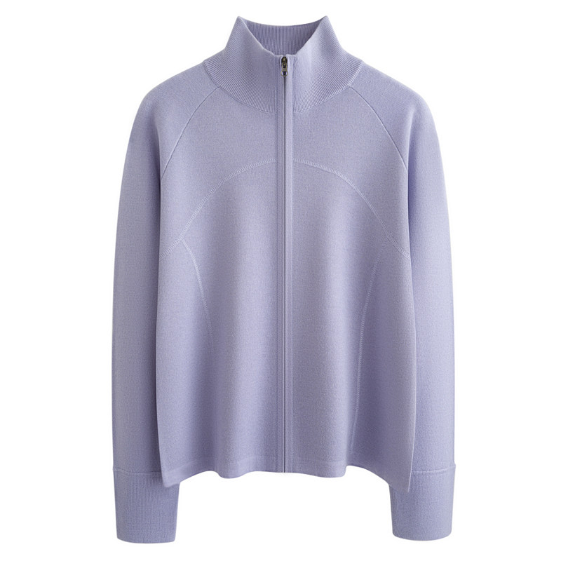 韩版精纺细羊毛立领针织开衫女运动风休闲显瘦拉链简约薄毛衣外套