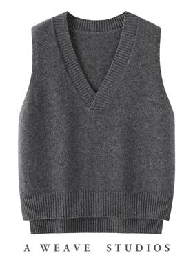 秋冬v领宽松休闲羊绒针织马甲女100%纯羊毛无袖毛衣背心叠穿外搭