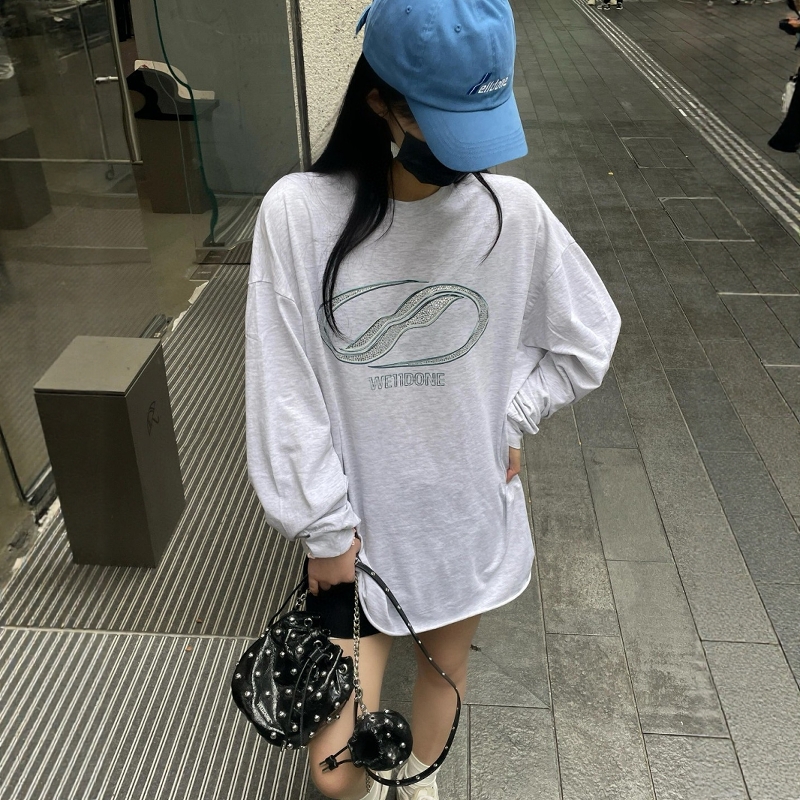 水钻logo轻薄长袖卫衣女2025早秋新款设计感小众圆领长袖T恤潮ins