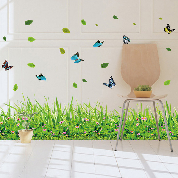 环保绿色花草墙贴画花草蝴蝶踢脚线墙贴楼梯墙角儿童幼儿园装饰画