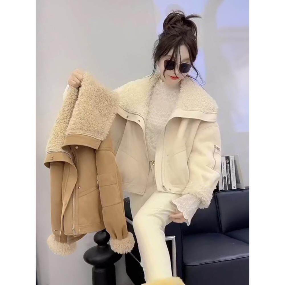 复古洋气加绒加厚皮毛一体外套女2025冬季新款保暖羊羔毛机车服