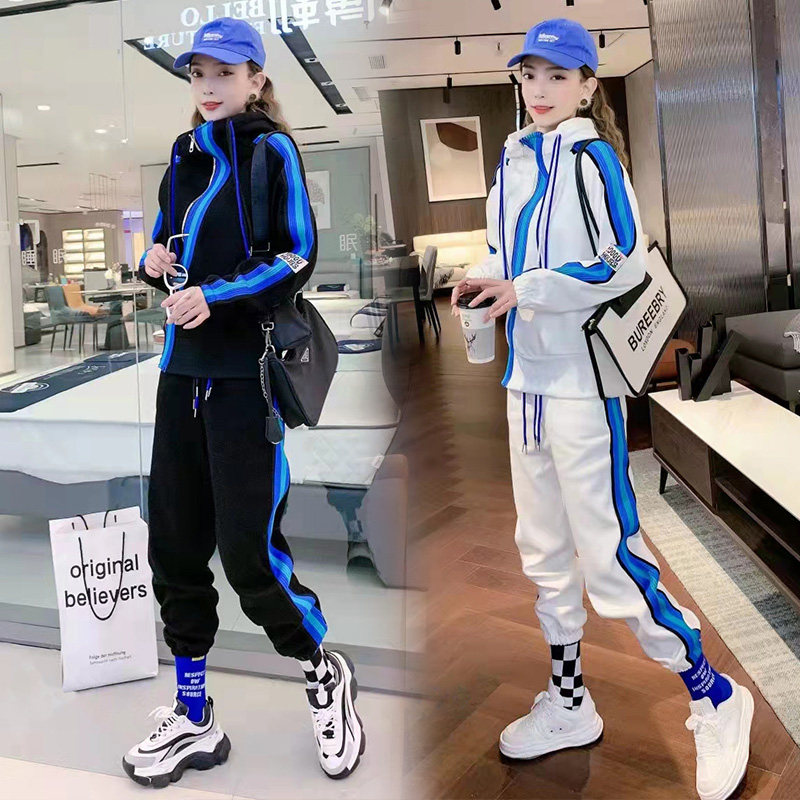 时尚潮流气质运动休闲两件套装女健身跑步服彩条斜拉链学院风