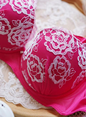 胖撞色刺绣定型薄杯玫红色黑绿色女内衣爆款乳罩文胸可拆卸80G75H