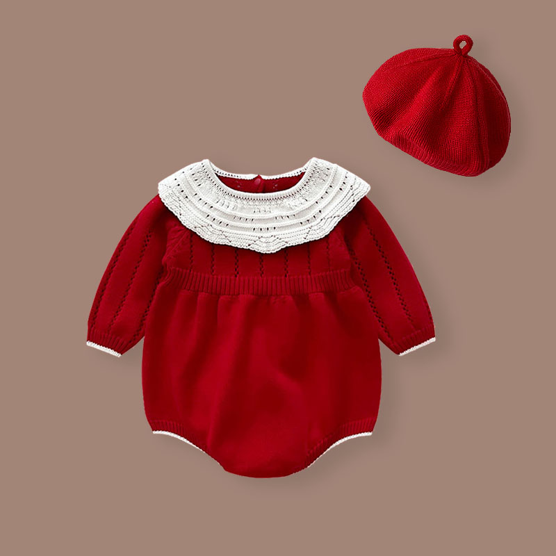 婴儿针织包屁衣秋冬加厚保暖女宝宝红色毛衣哈衣周岁新年拜年礼服