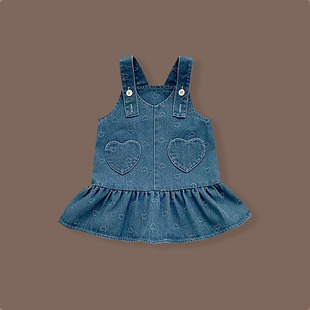 女童背带连衣裙宝宝洋气可爱爱心荷叶边牛仔裙儿童周岁礼服裙秋装