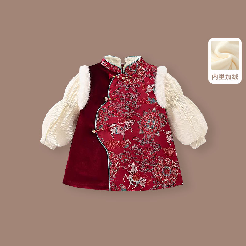 婴儿旗袍公主裙冬季女宝宝新中式汉服旗袍周岁礼服新年拜年服加绒