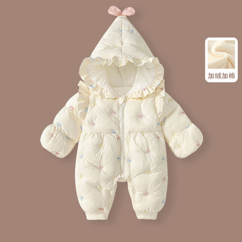 婴儿衣服冬装女宝宝连体棉衣加绒满月百天连帽绣花哈衣外出抱衣