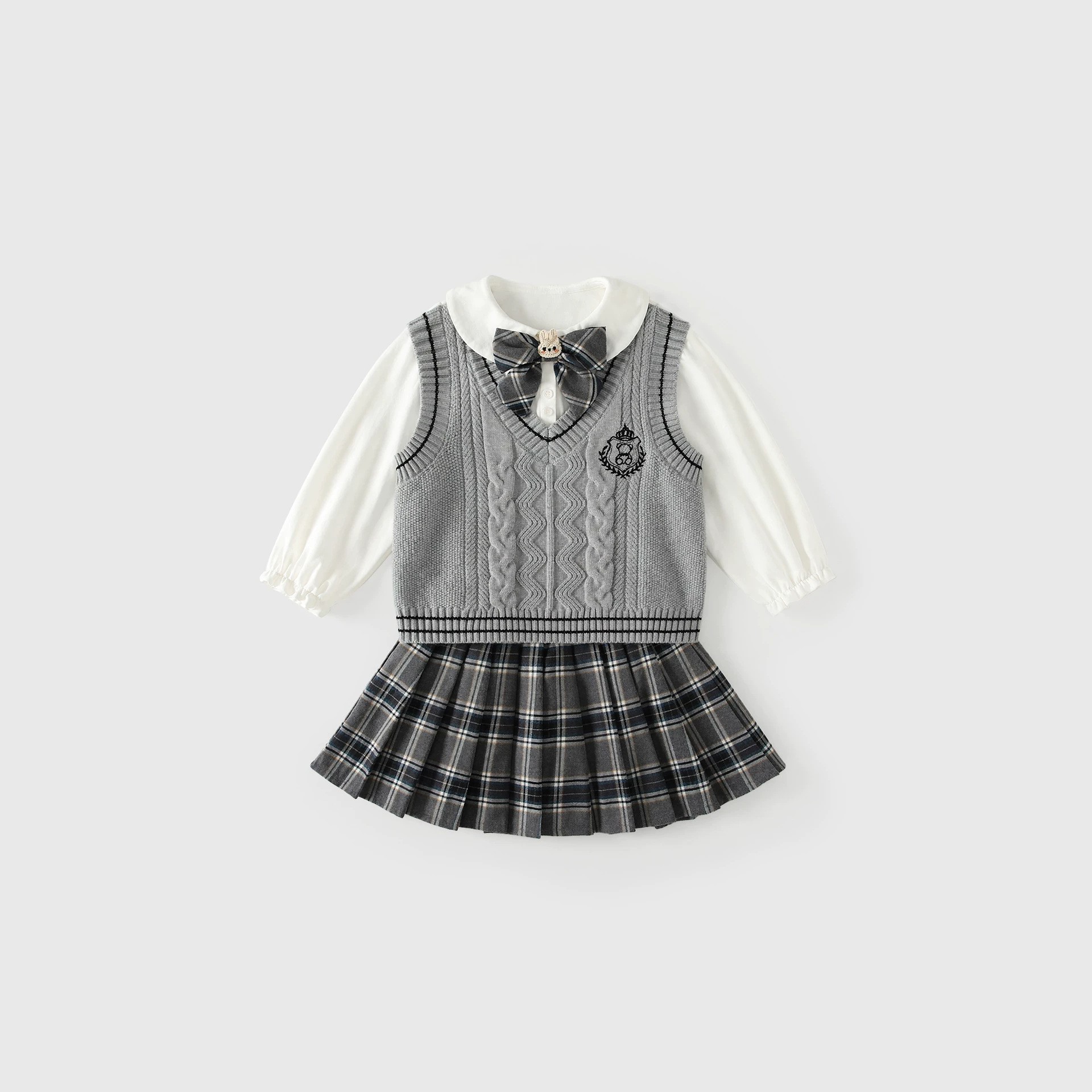 女童学院风套装春秋装宝宝白色衬衫毛线马甲百褶公主半身裙两件套