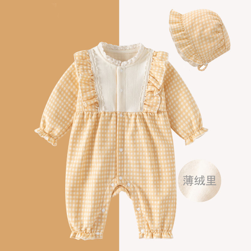 婴儿薄绒连体衣秋季女宝宝黄格子可爱超萌公主哈衣秋装满月百日宴