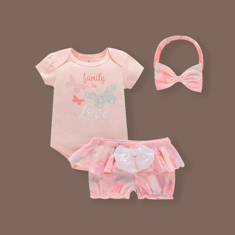 棉质婴儿包屁衣夏季薄款女宝宝可爱印花短袖连体哈衣短裤裙三件套