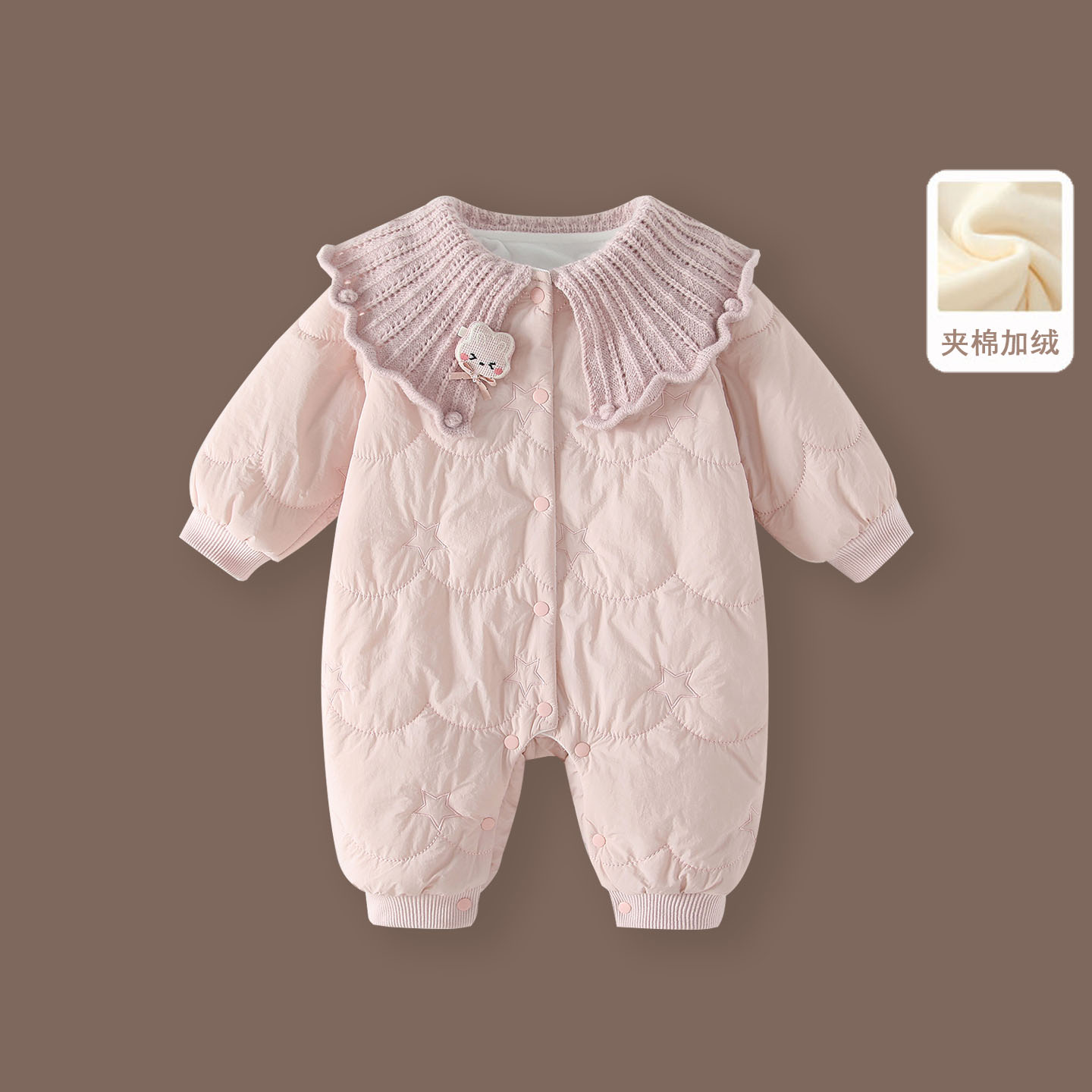 婴儿夹棉加绒连体衣女宝保暖外出可爱翻领爬服哈衣冬季棉服外套