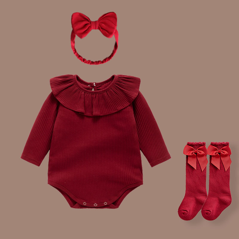 婴儿包屁衣春秋季女宝宝红色打底衫满月百日宴礼服哈衣新年拜年服