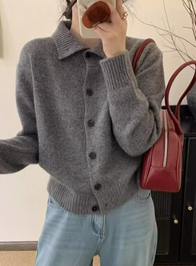 复古翻领排扣针织开衫女秋冬季新款韩系保暖厚实毛衣显瘦上衣