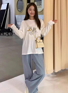 PEARL韩系清新复古简约格子显白显瘦慵懒松紧腰懒人直筒阔腿裤