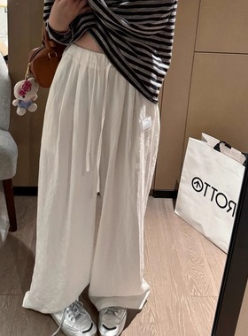 天丝麻长裤！白色阔腿裤女韩系宽松直筒垂坠高腰休闲裤显瘦裤子