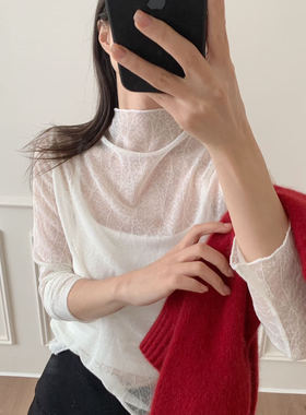 毛衣伴侣！桃花肌理感面料！法式花边半高领长袖打底衫T恤 蕾丝衫