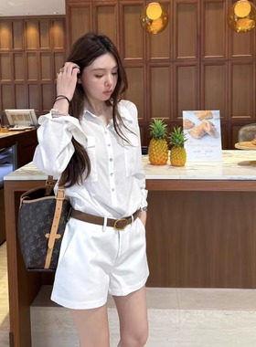 Second  初恋感天然棉白色口袋衬衫＋高腰显瘦短裤2025秋季新款