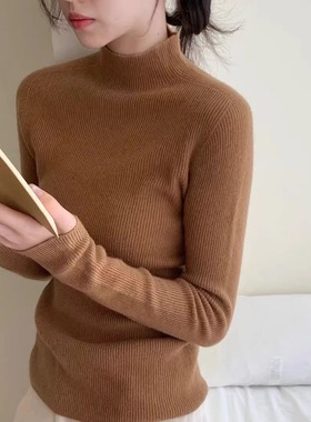 100%羊毛半高领修身打底衫女毛衣2025冬季新款糖果色贝壳扣针织衫