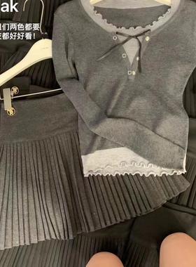 韩系金扣小标针织半身百褶裙女 秋季小众设计感高腰a字短裙子