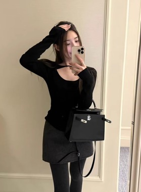 100％美丽诺羊毛打底衫女 设计镂空小心机性感修身内搭毛衣针织衫