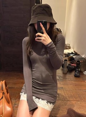 高品质字母刺绣白色蕾丝花边拼接长袖T恤中长款上衣女内搭连衣裙