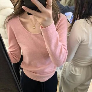 店主自留基础百搭U领修身显瘦羊毛打底针织衫气质上衣新款