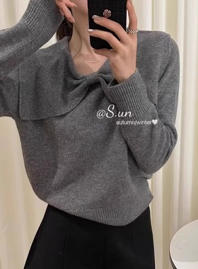 大蝴蝶结针织羊毛毛衣女2024冬圣诞红色新款韩版圆领长袖打底上衣