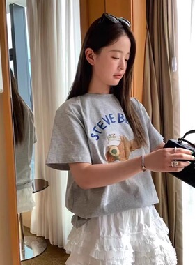 Preal 韩国东大门夏季新款宽松圆领减龄卡通小熊字母印花短袖T恤