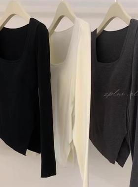 强推必入高品天鹅颈纸片人自发热保暖方领德绒长袖打底衫内搭2024