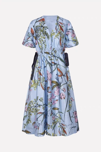 SG 25夏 v领蓝色珠光木棉纱印花中长款女士连衣裙