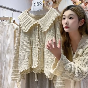 2023新款 法式 娃娃領(lǐng)大碼 寬松針織衫 杏色上衣 毛衣外套女秋冬季 韓版
