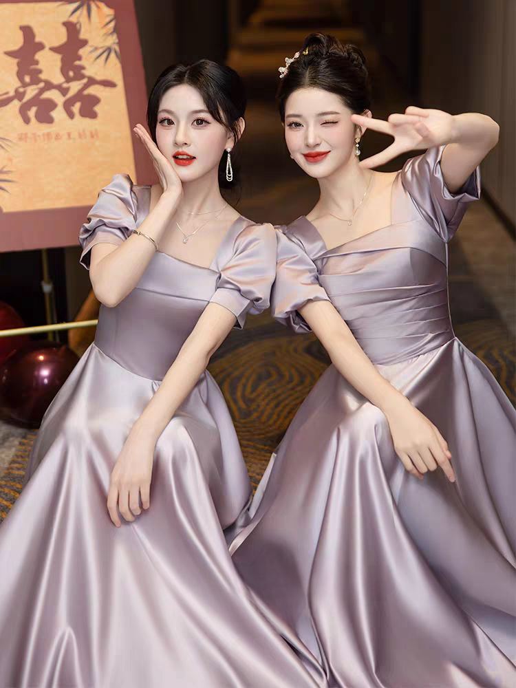 紫色伴娘服2026新款缎面修身显瘦高级感伴娘团礼服轻奢小众晚礼服图片
