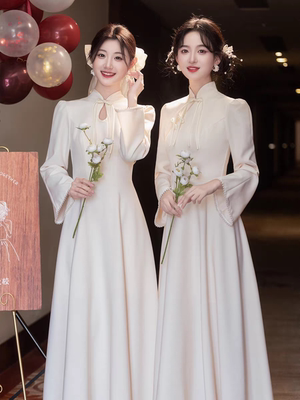 伴娘服礼服女2025新款婚礼姐妹团缎面伴娘裙长袖秋冬季轻奢高级感