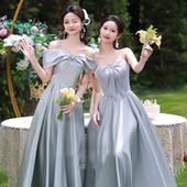 灰色伴娘服2026新款 高级小众缎面伴娘裙姐妹团主持礼服 法式